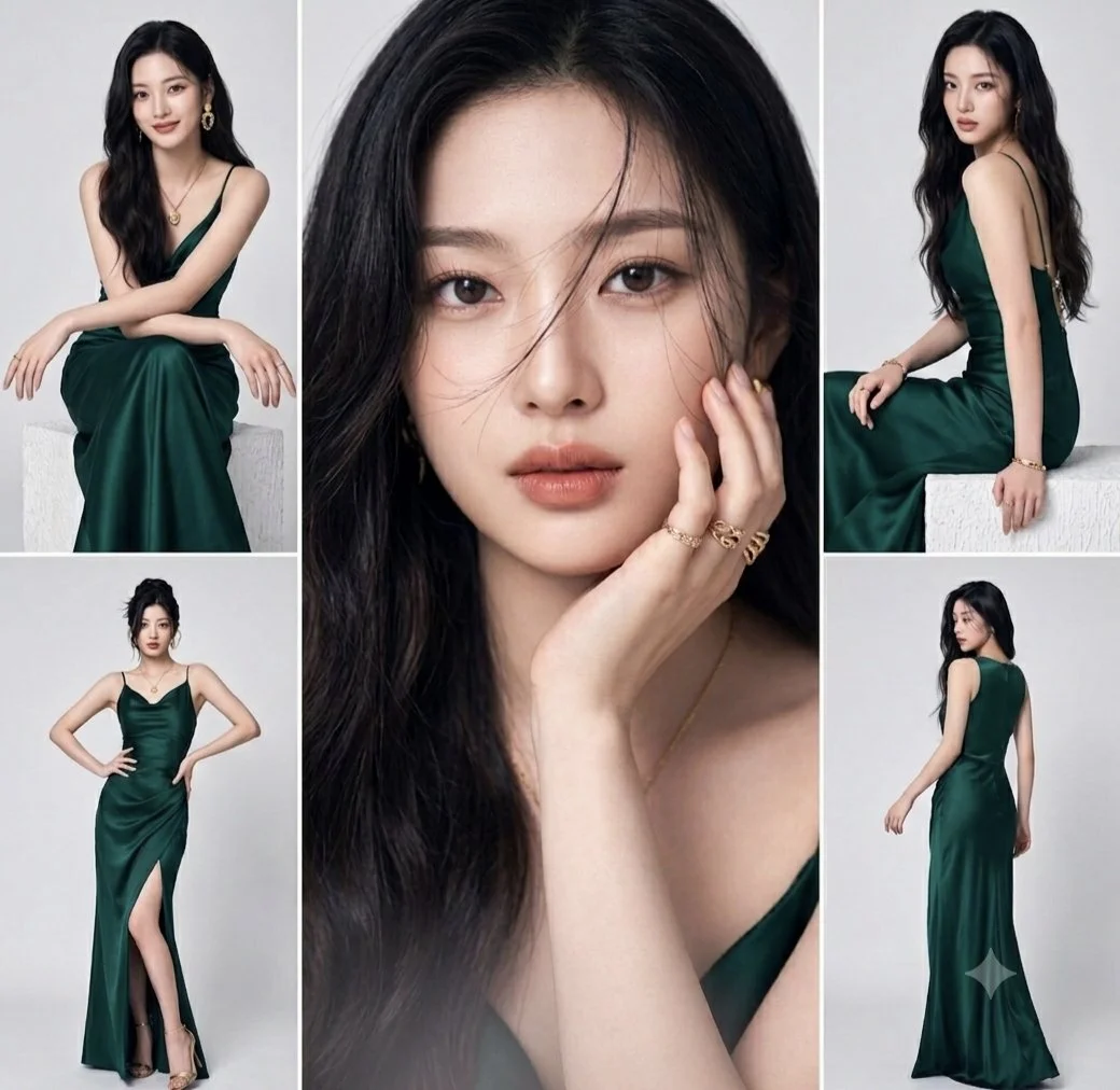 East Asian model poses in emerald satin gown for fashion editorial