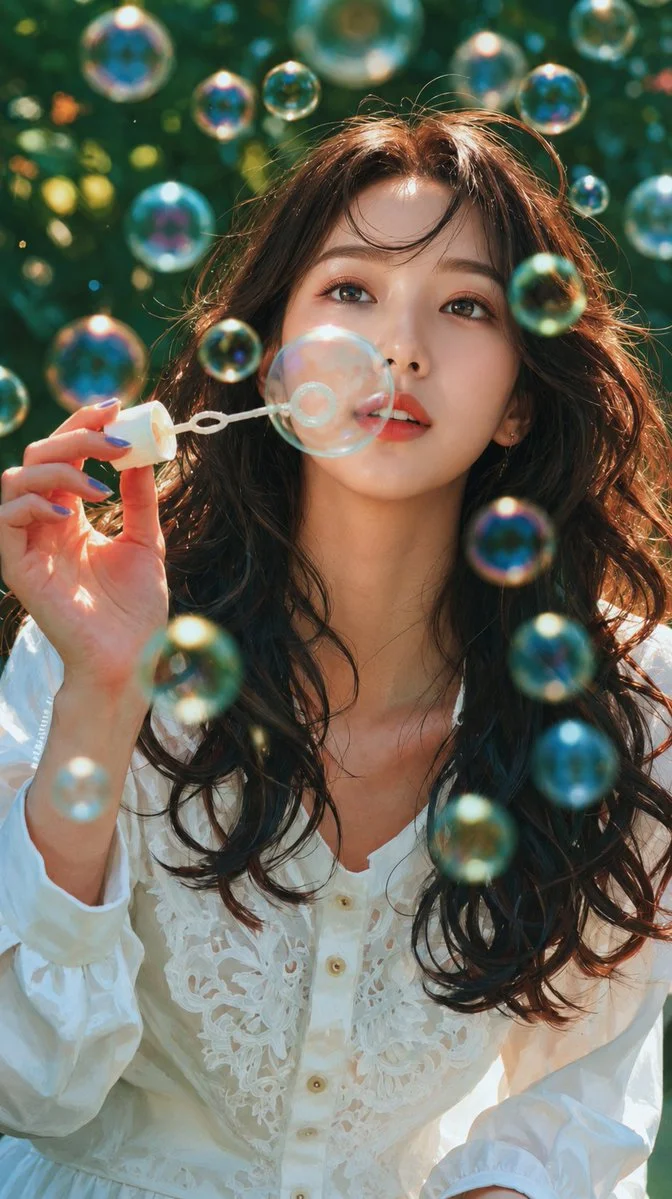 East Asian woman blows iridescent bubbles in sunlit garden at golden hour