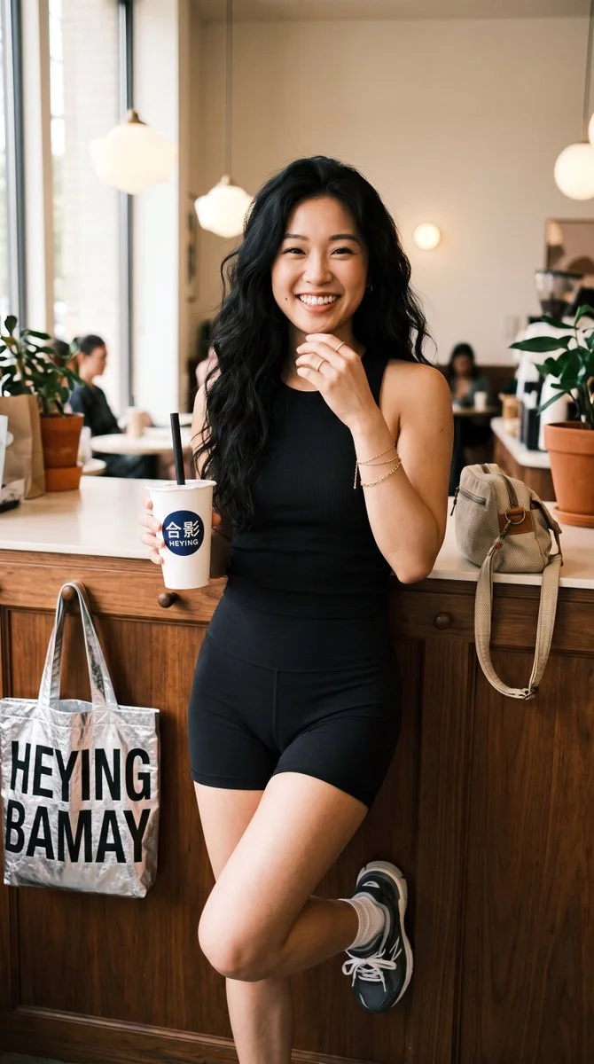 East Asian woman in black tank top leans at café counter with bubble tea