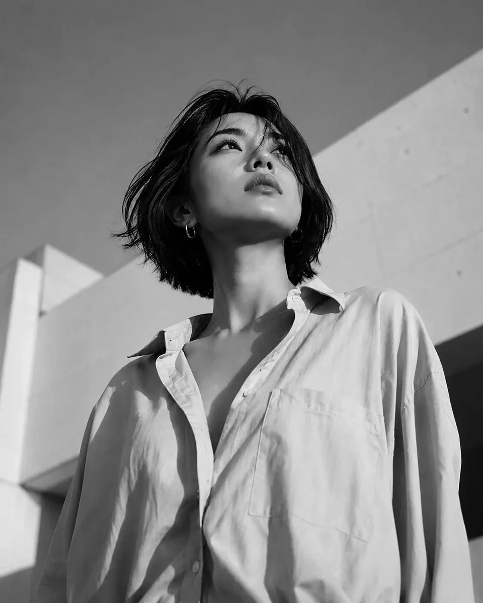East Asian woman in blue shirt gazes upward under warm sunlight