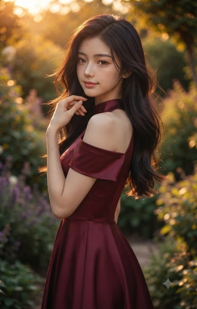 East Asian woman in burgundy satin dress poses in golden hour garden