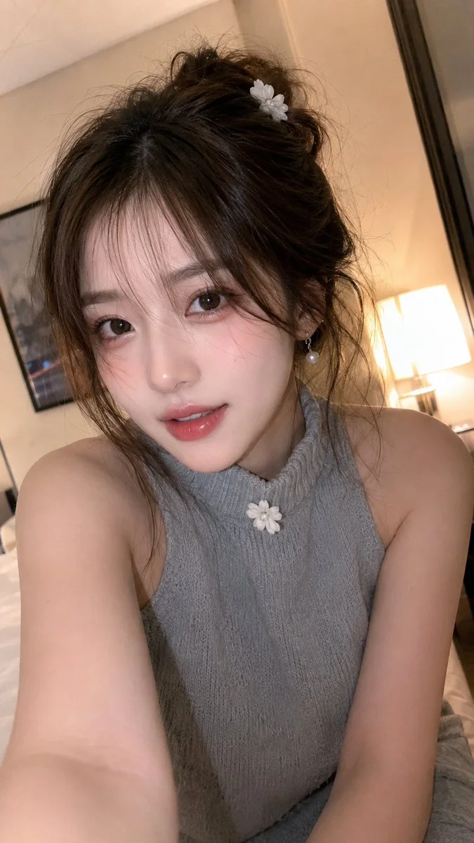 East Asian woman in gray sweater smiles softly in warm bedroom