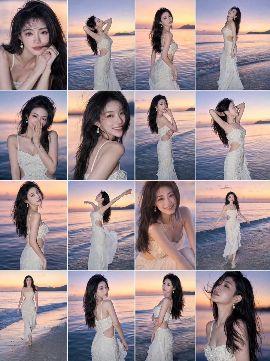 East Asian woman in ivory lace dress poses at sunset beach