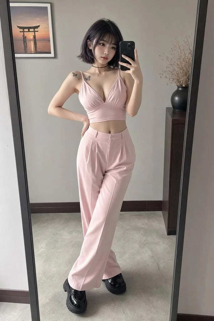 East Asian woman in pink outfit takes mirror selfie in modern room