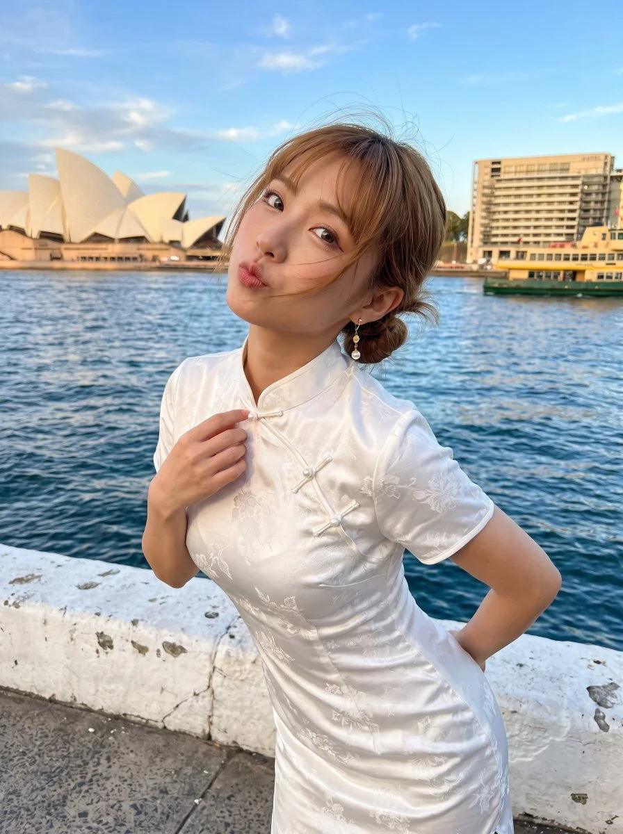 East Asian Woman in Qipao Posing at Sydney Harbour Golden Hour