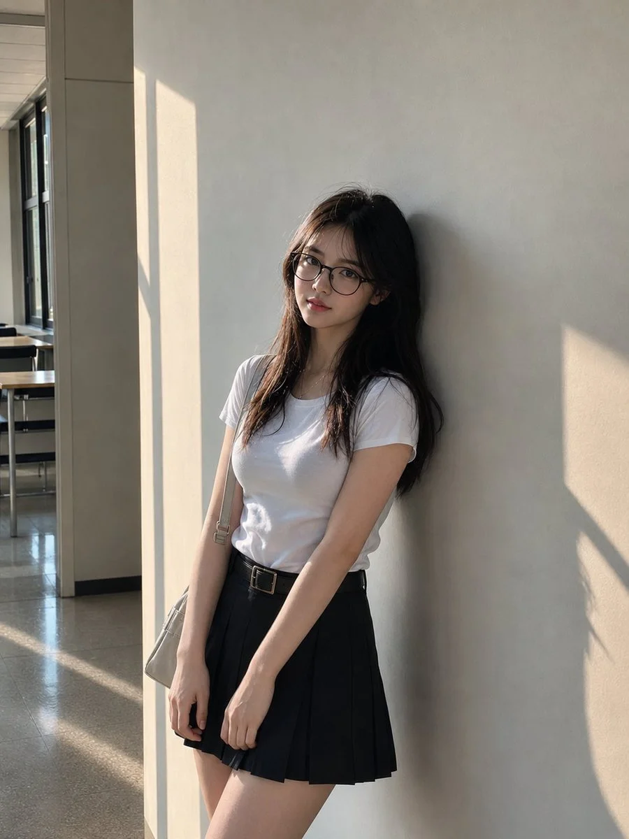 East Asian woman leans against a sunlit classroom wall