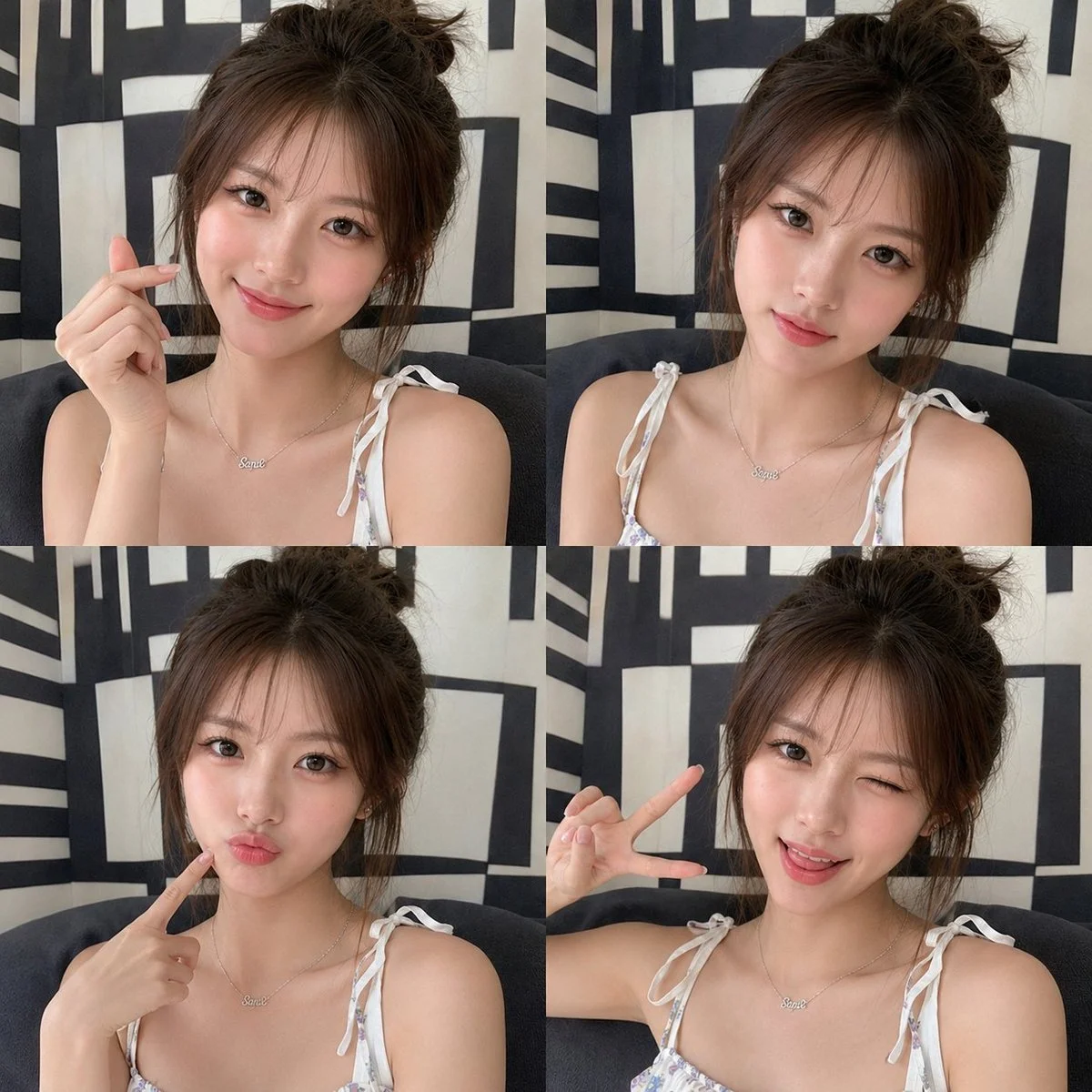 East Asian woman makes playful expressions in a 2x2 grid