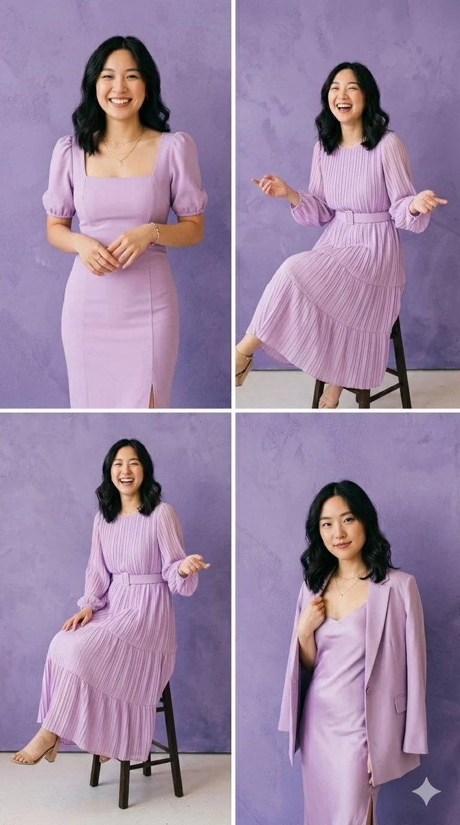 East Asian woman poses in three lilac outfits on textured lavender background