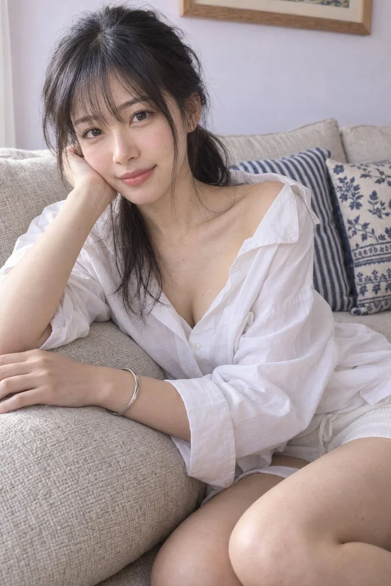 East Asian woman relaxes on beige sofa in soft daylight