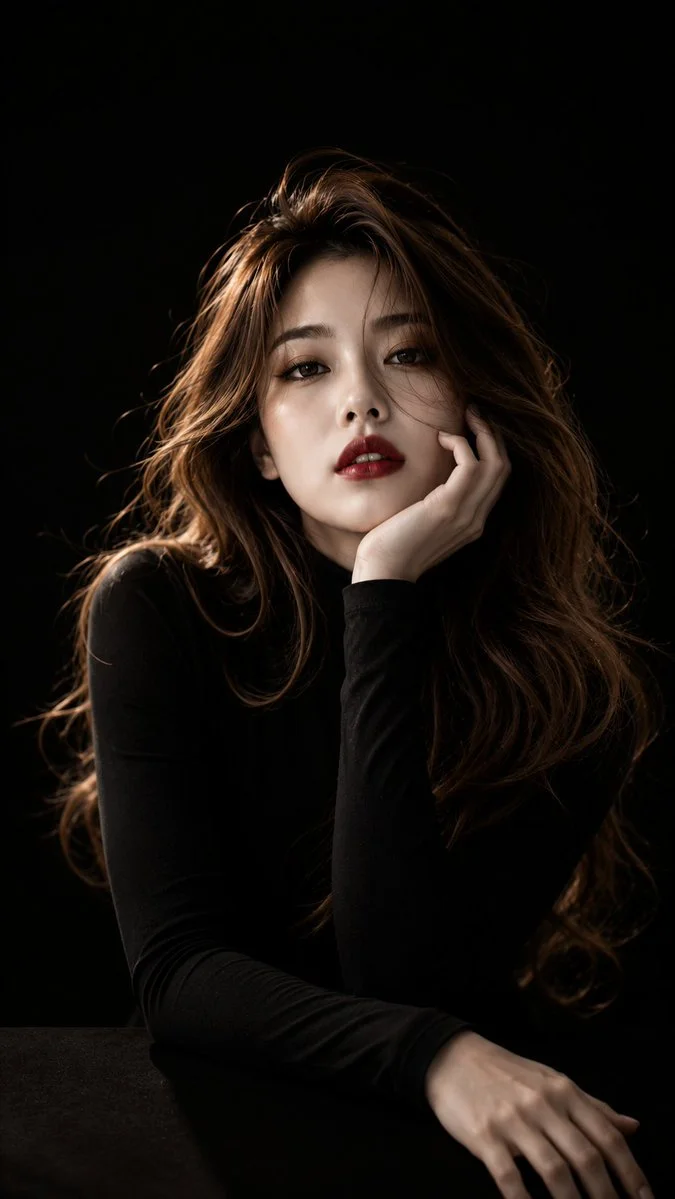 East Asian woman rests chin on hand in dramatic Rembrandt light