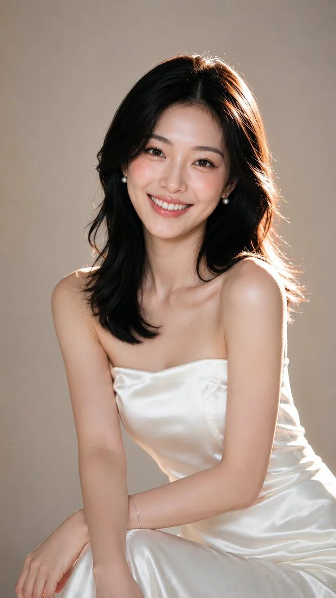 East Asian woman smiles radiantly in soft studio portrait