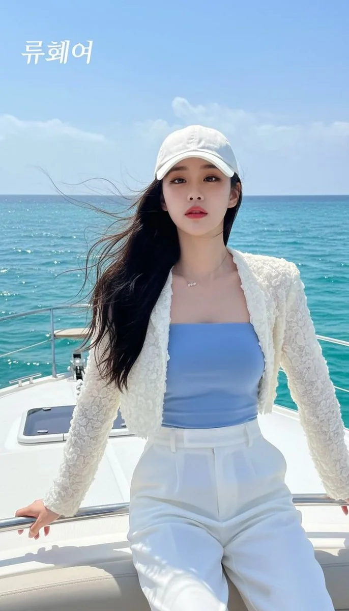 East Asian woman stands confidently on luxury yacht bow under sun