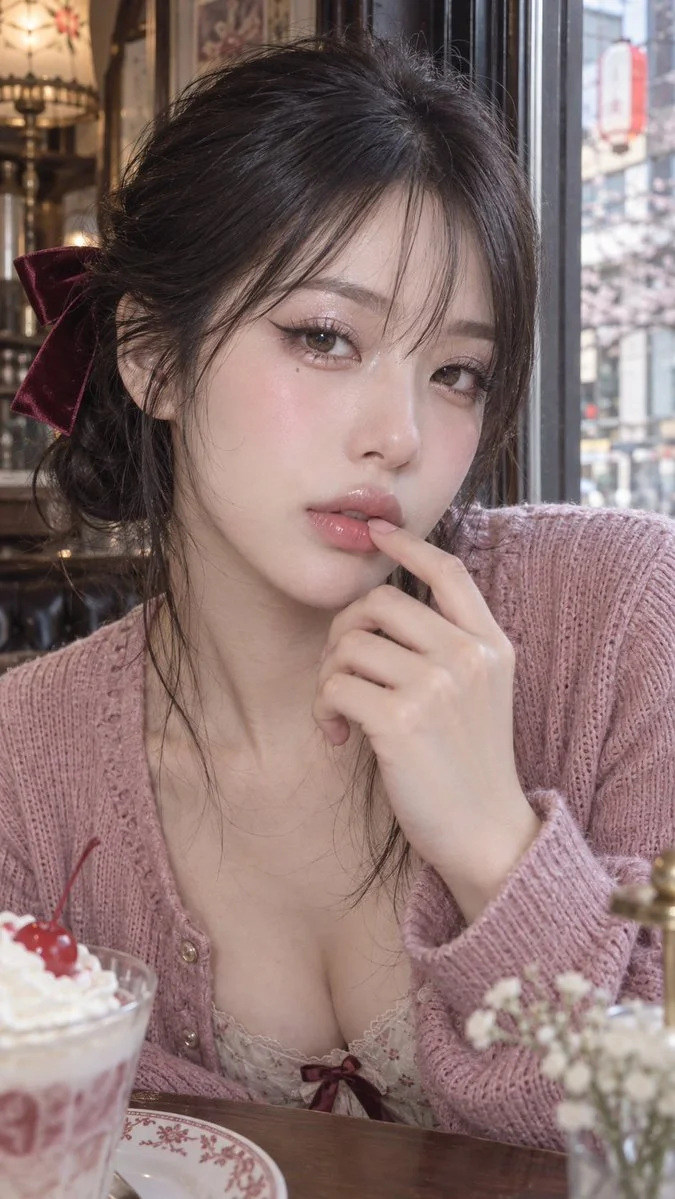 East Asian Woman Touches Lip in Soft Window Light Portrait
