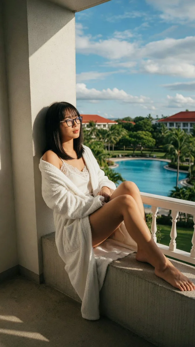 East Asian woman with black glasses relaxes barefoot on balcony