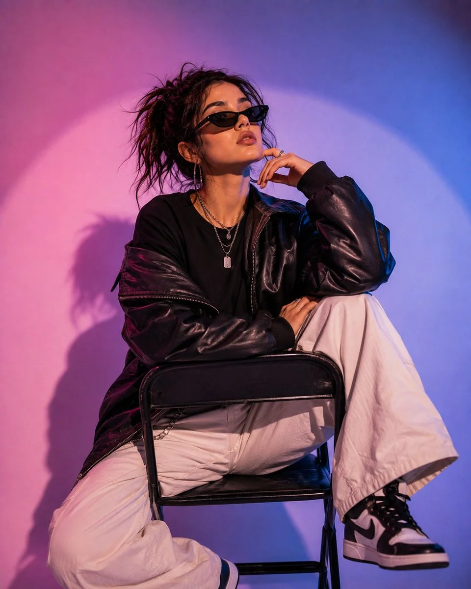 Edgy fashion portrait with bold accessories and dramatic circular glow