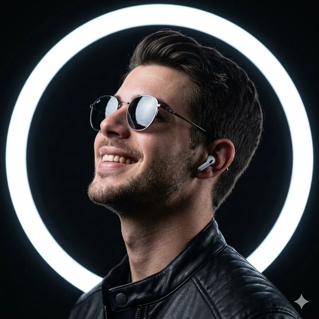 Edgy Urban Glow: Neon Halo Portrait in Sharp Focus