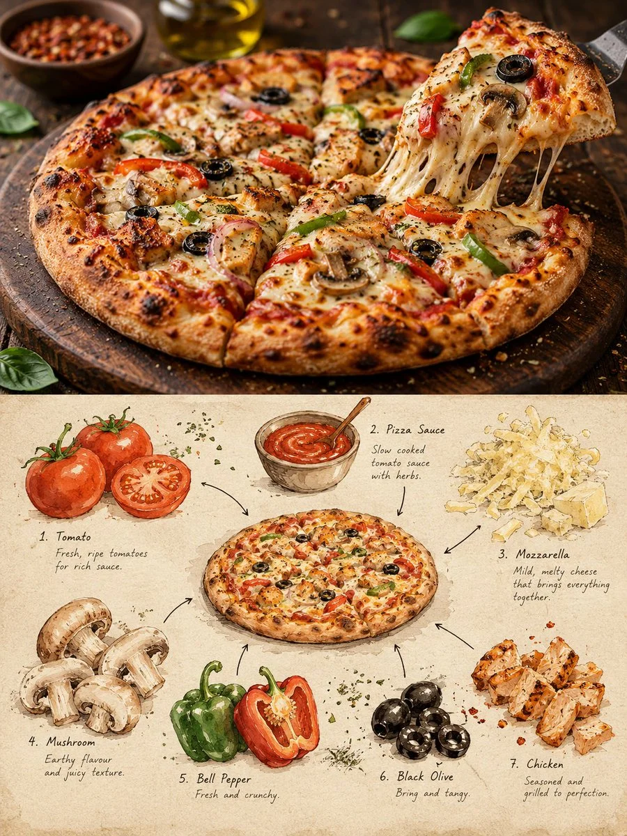 Editorial food poster splits photo and sketchbook for a local dish