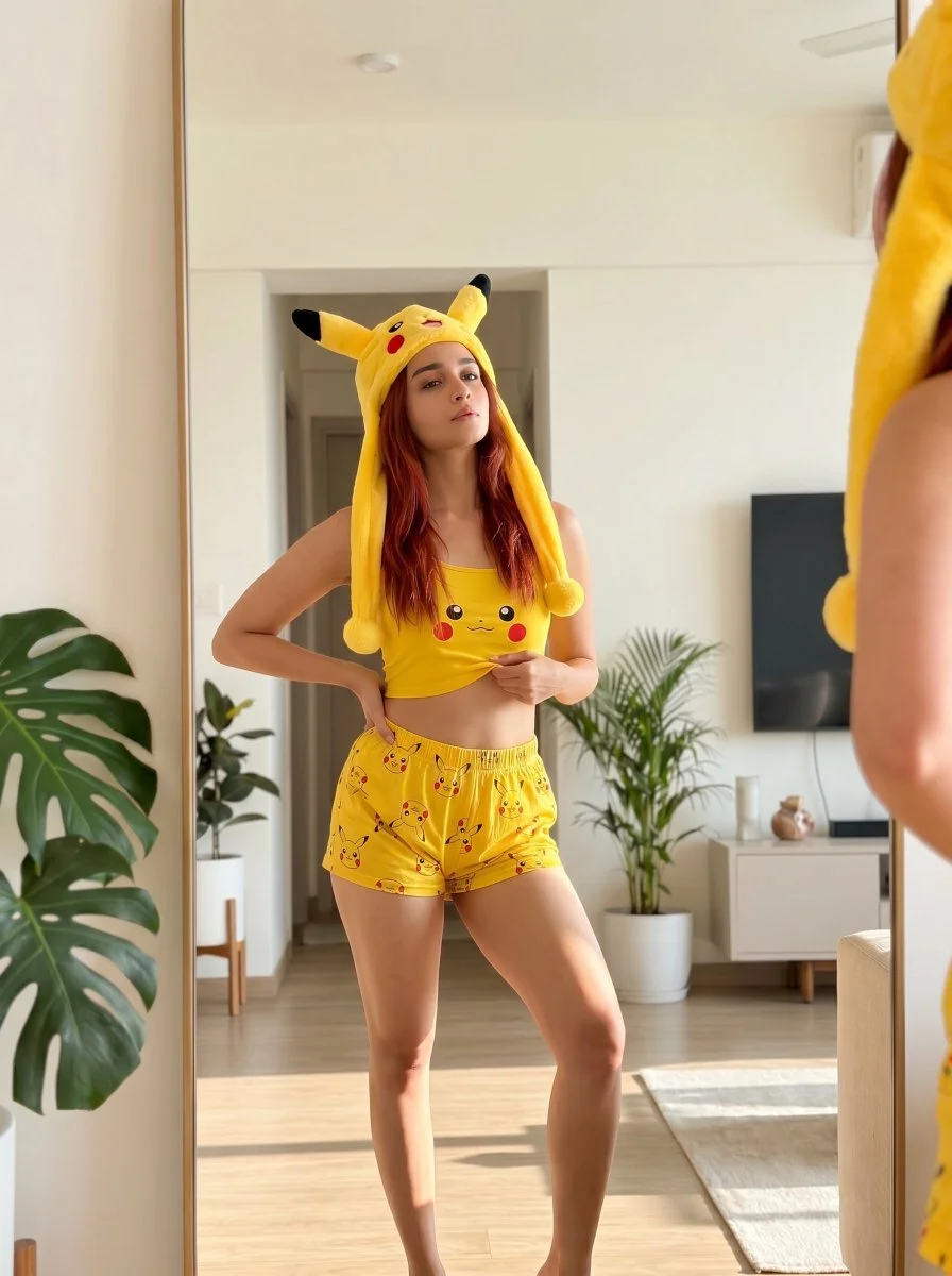 Editorial Mirror Selfie in Pikachu-Inspired Yellow Outfit