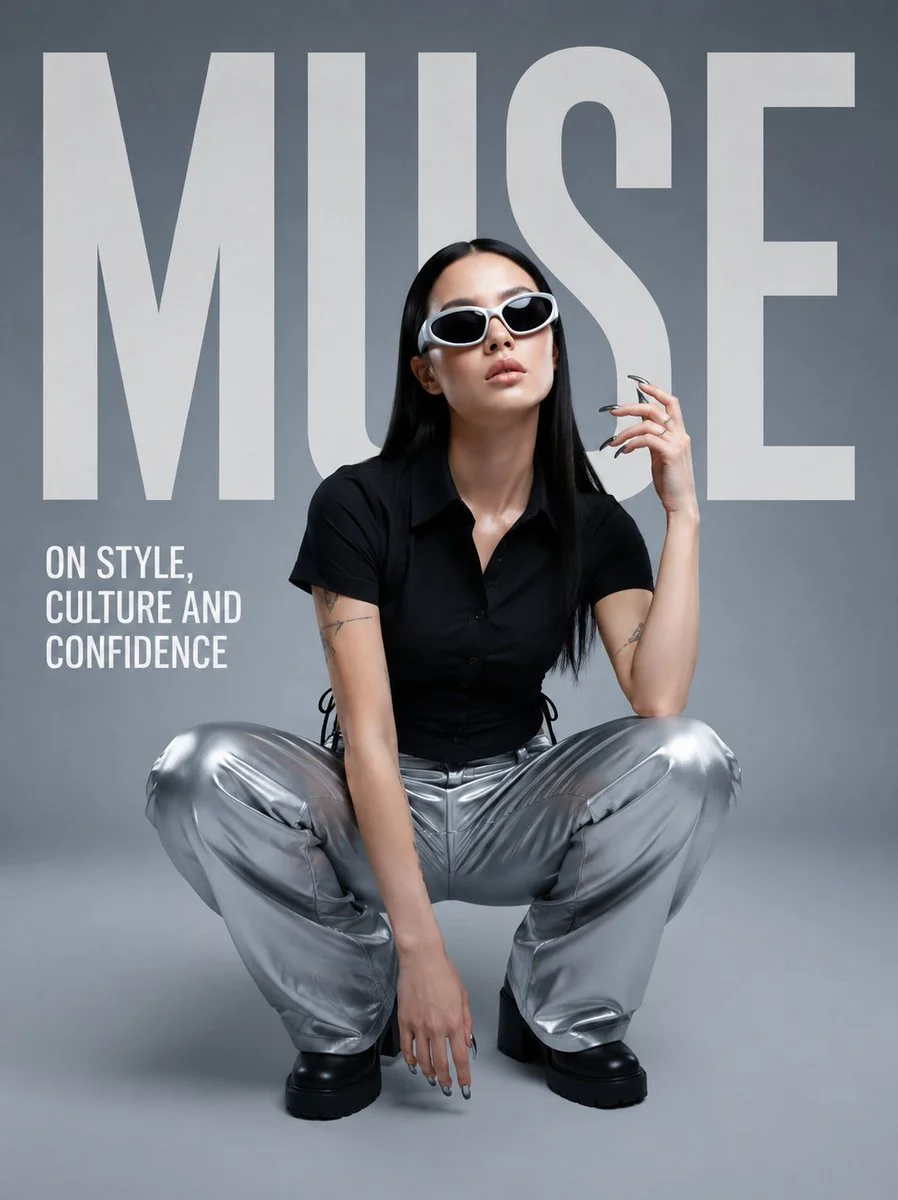 Editorial model in a minimalist studio with bold typography overlay