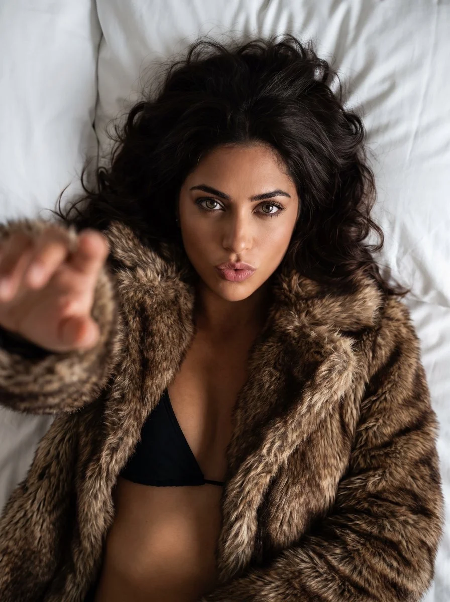 Editorial Muse with Piercing Gaze Reaches Toward Overhead Lens