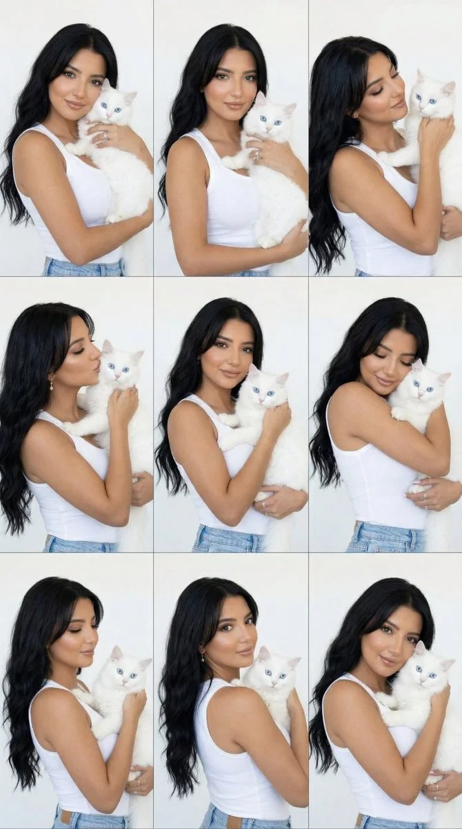 Editorial Portrait Grid of Woman and Blue-Eyed Van Cat in Soft Studio Light