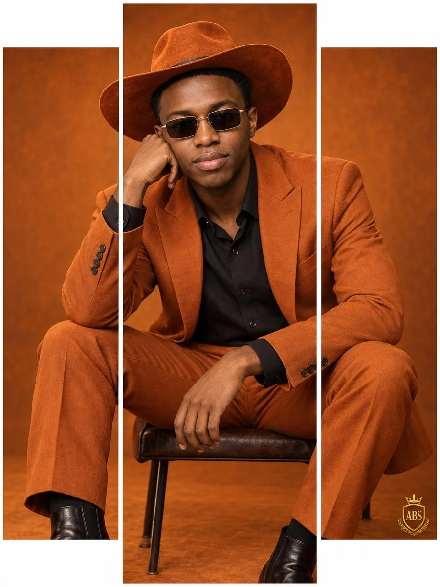 Editorial portrait of man in tailored burnt-orange suit with hat