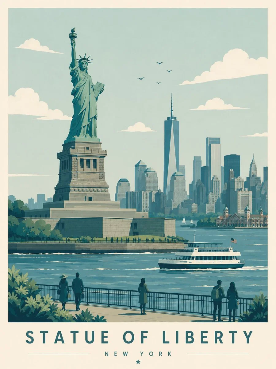 Editorial travel art depicts a quiet coastal town at golden hour