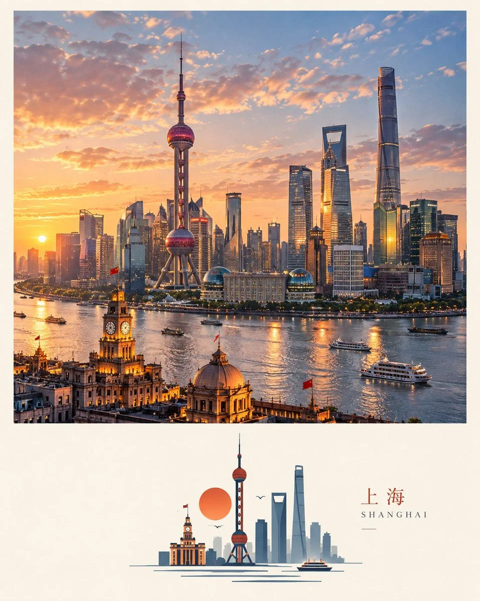 Editorial travel artwork pairs realistic city scene with geometric vignette