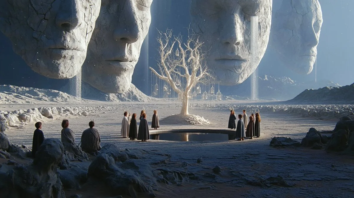 Eerie Silence Among Dreamlike Symbols and Cloaked Children