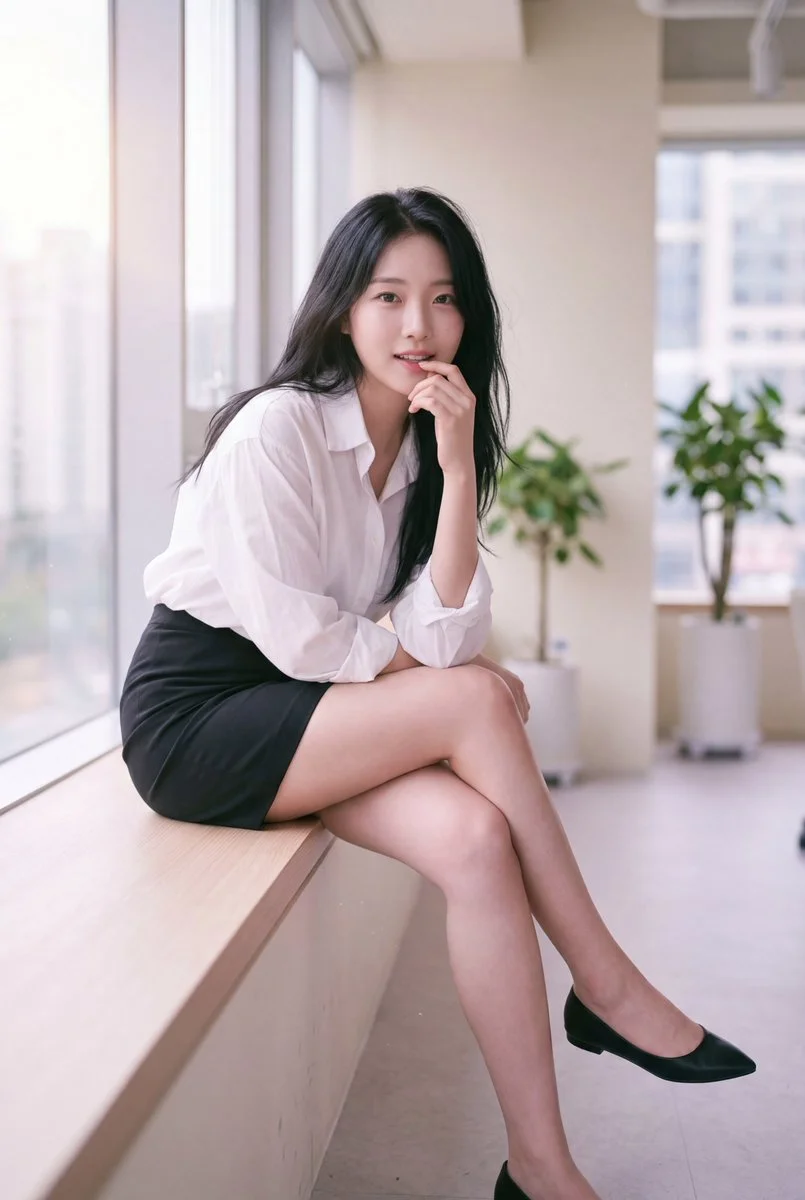 Effortless Elegance: K-Pop Idol in Soft Dreamy Office Portrait