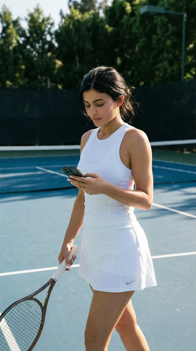 Effortless Elegance on a Blue Tennis Court