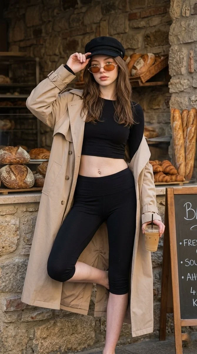Effortless street style captured at a charming European bakery