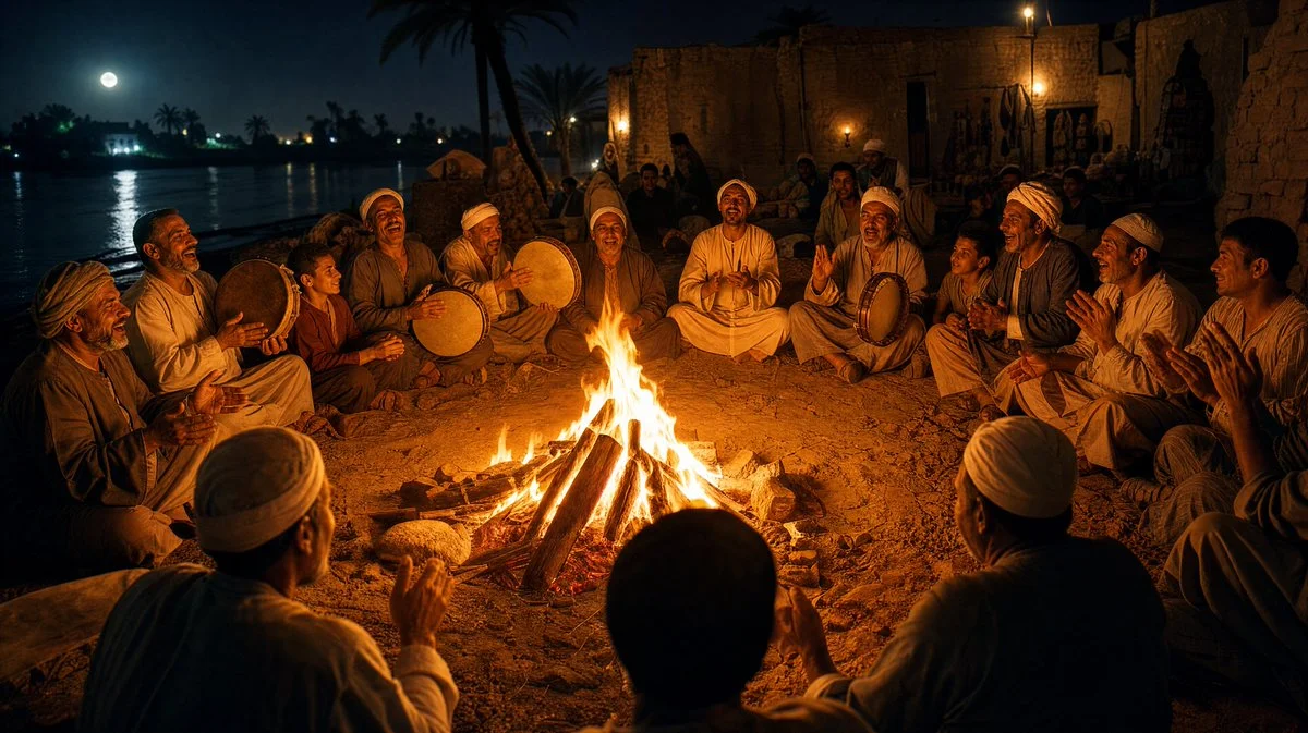 Egyptian farmers celebrate Eid al-Adha around a blazing bonfire
