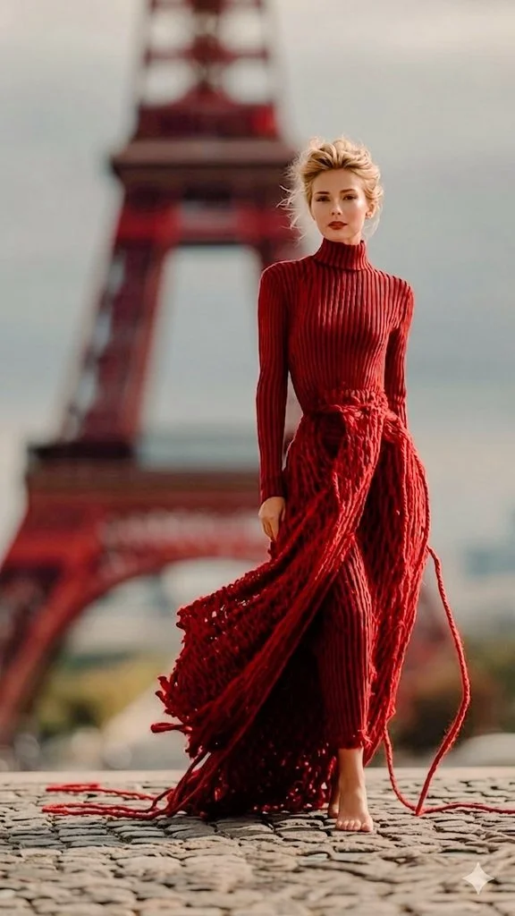 Eiffel Tower Draped in Red Yarn with Elegant Knit Fashion