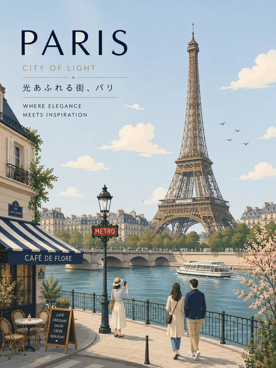 Eiffel Tower rises over the Seine in a pastel Parisian travel poster.