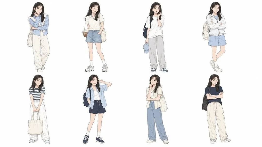 Eight summer outfits showcase a Korean character in a 2x4 grid