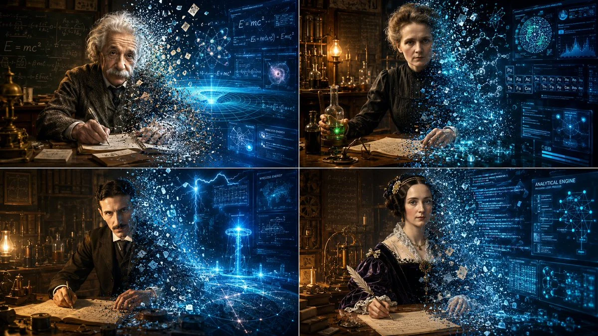 Einstein's left half remains calm while digital shards tear his right side apart