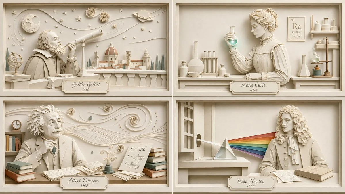 Einstein's thought experiment unfolds in layered ivory paper.