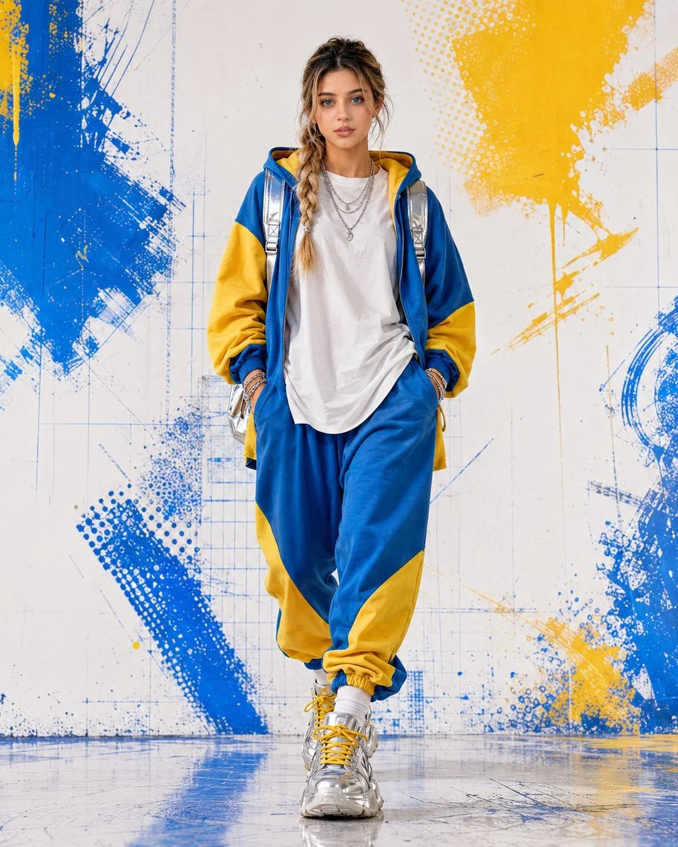 Electric blue and gold fashion poster with powerful runway attitude