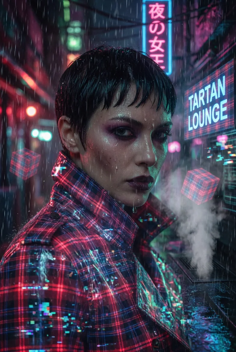 Electric Elegance: Neon-lit Mystery in a Rainy Cyberpunk Street