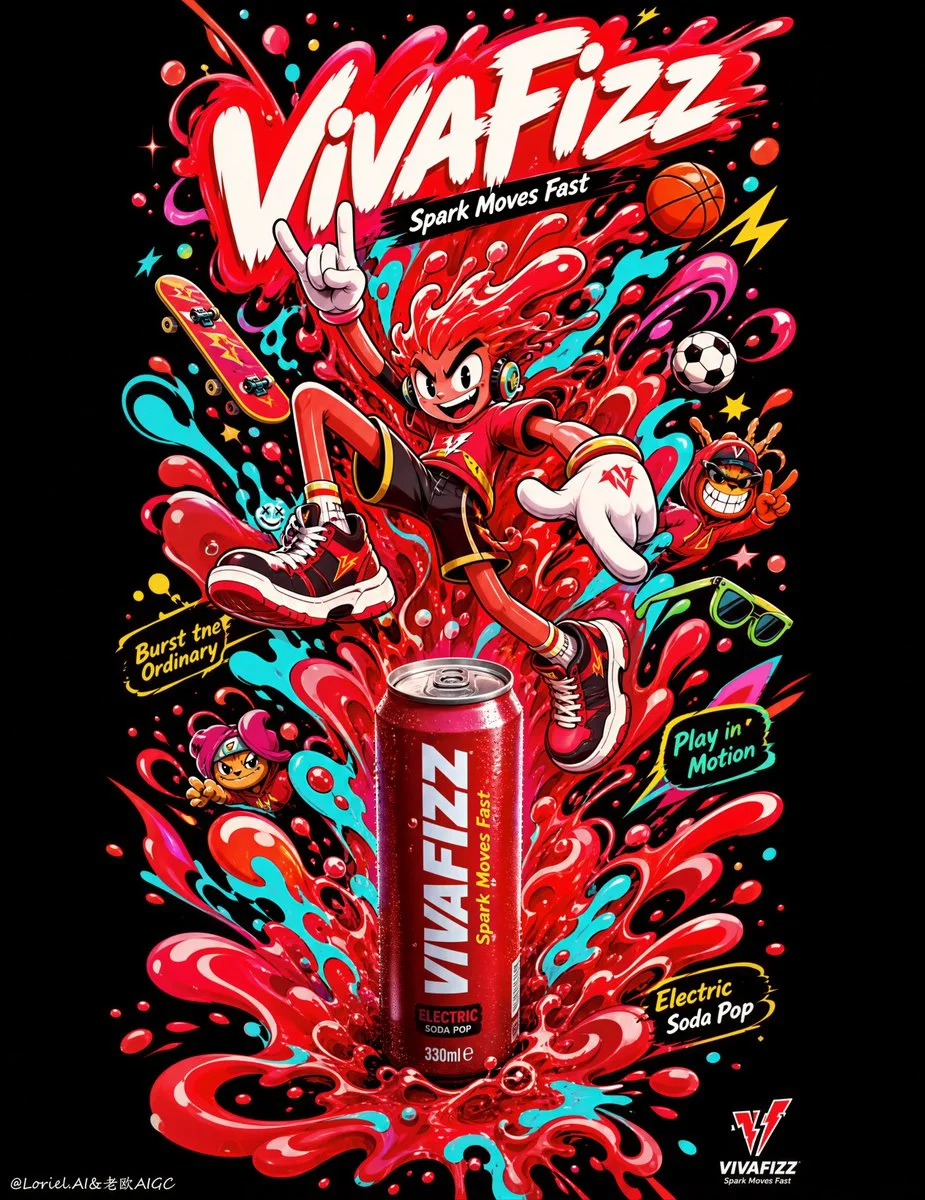 Electric red energy tower erupts with playful sports symbols and a hero product