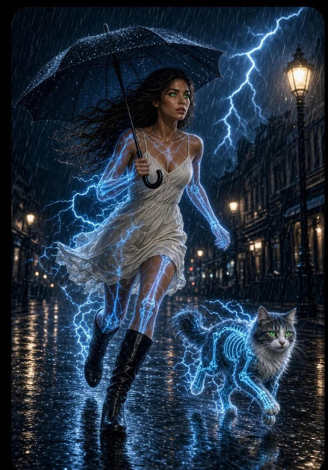 Electric skeletal woman races cat under stormy vintage lampposts