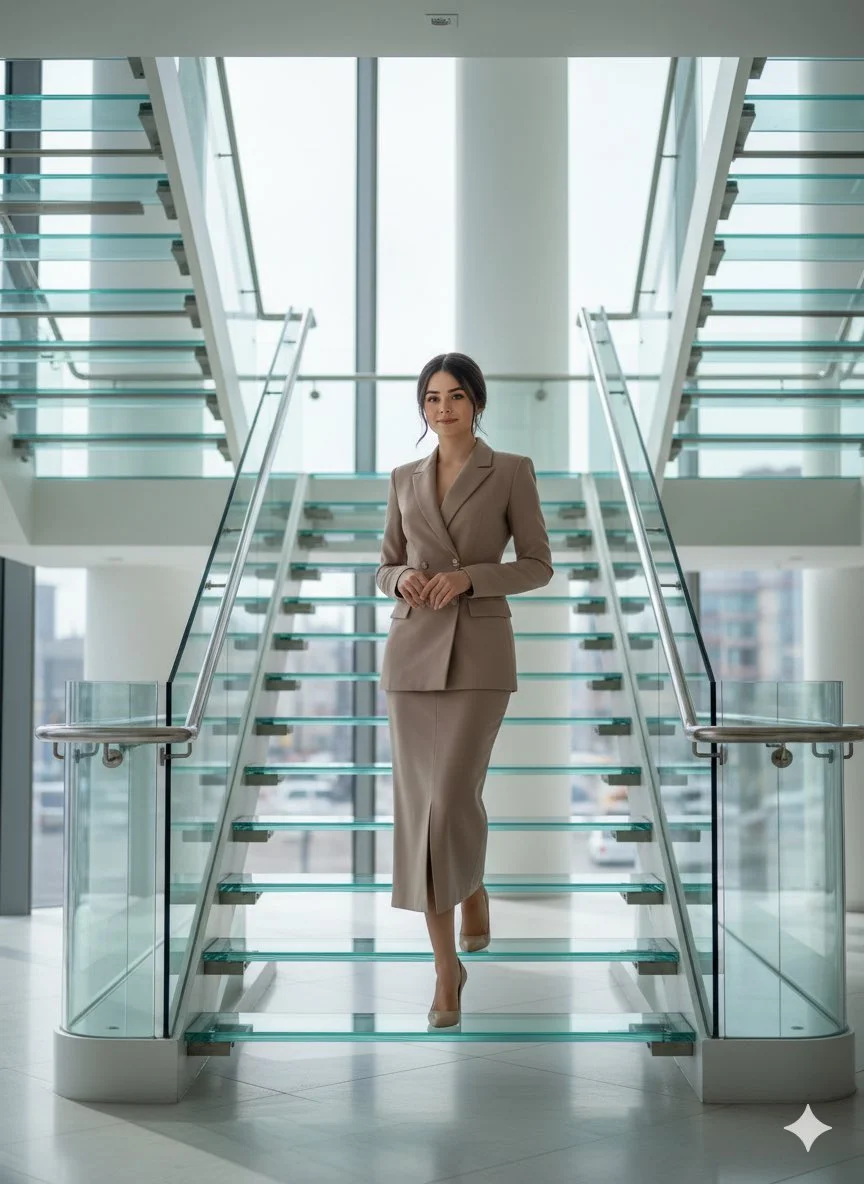 Elegance Ascending: A Glass Stairs Portrait