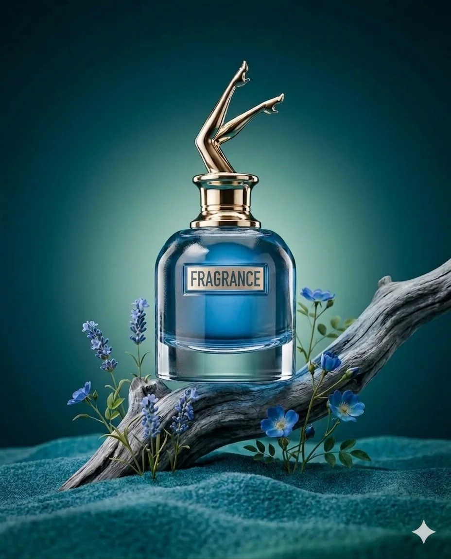 Elegance Captured: Blue Perfume Bottle on Textured Teal Sand