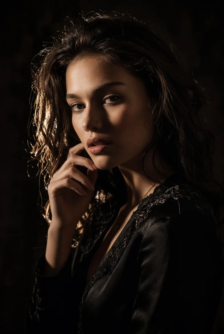 Elegance in shadows: a woman's thoughtful gaze in lace and silk