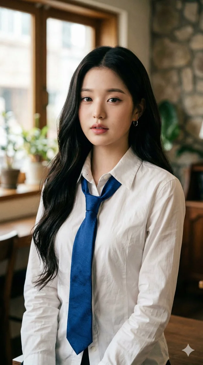 Elegance Taut: IVE Wonyoung in a Silky Blue Tie and White Shirt