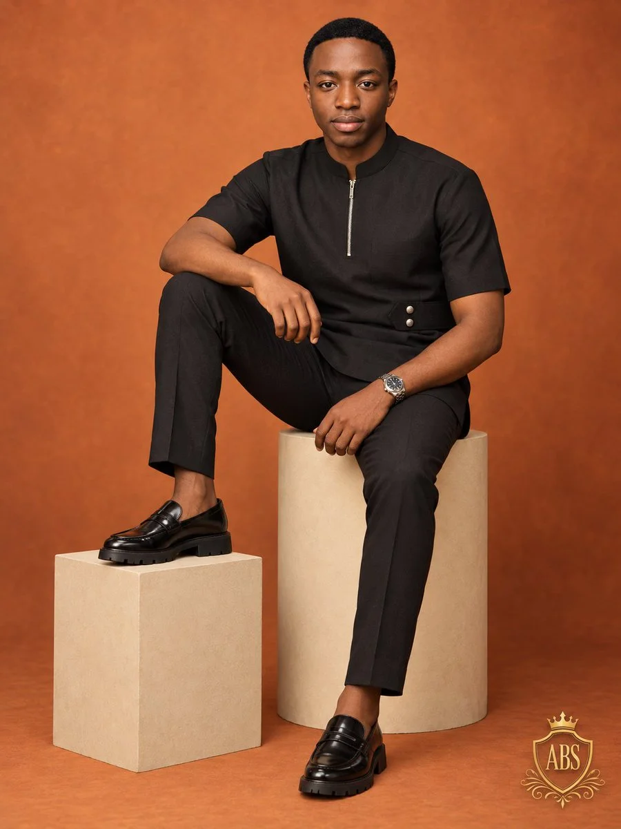 Elegant African man posing on pedestal with warm terracotta backdrop