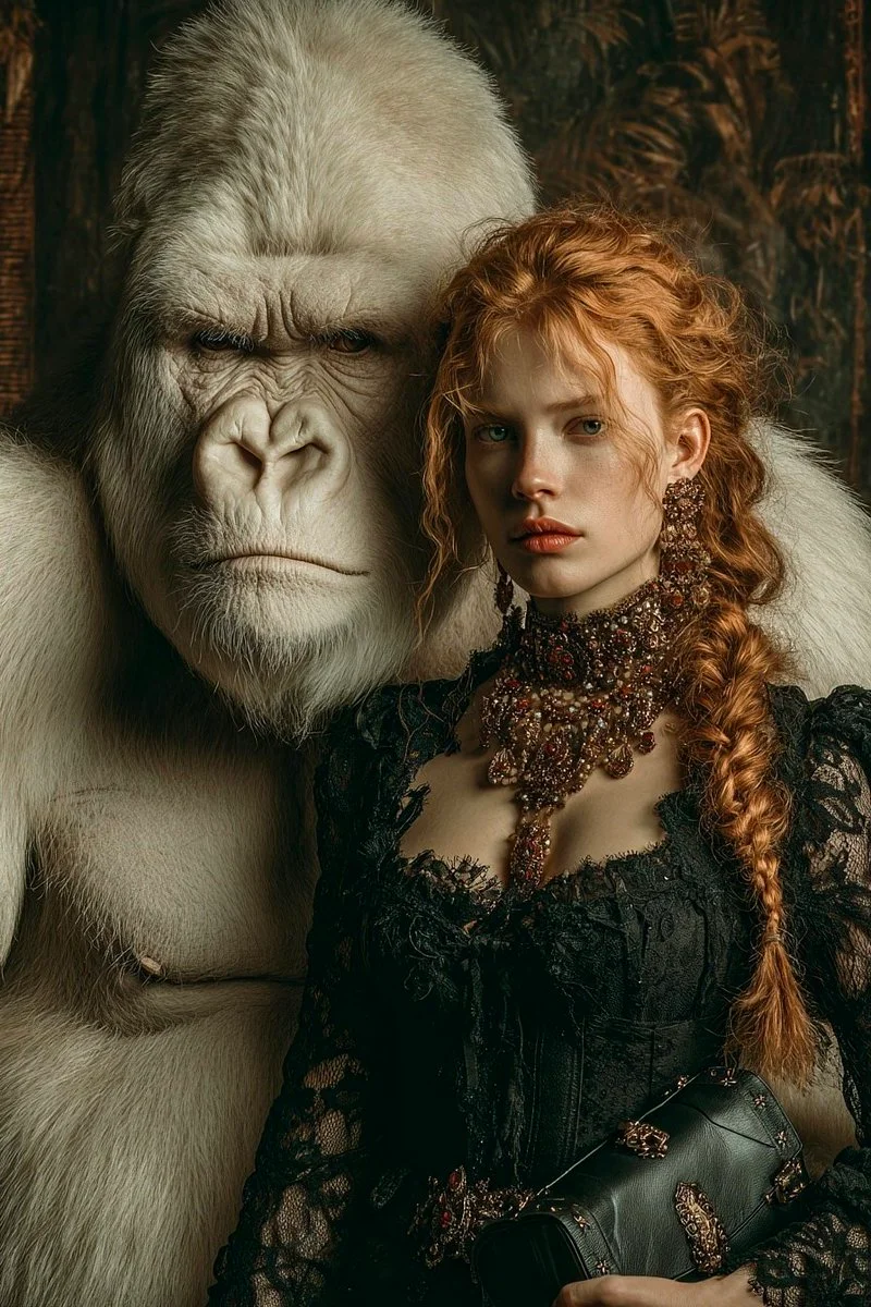 Elegant Alliance: Woman and White Albino Gorilla in Lush Jungle