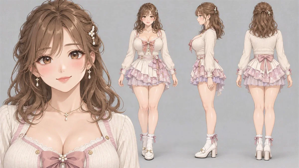 Elegant anime character sheet shows front profile and back in studio