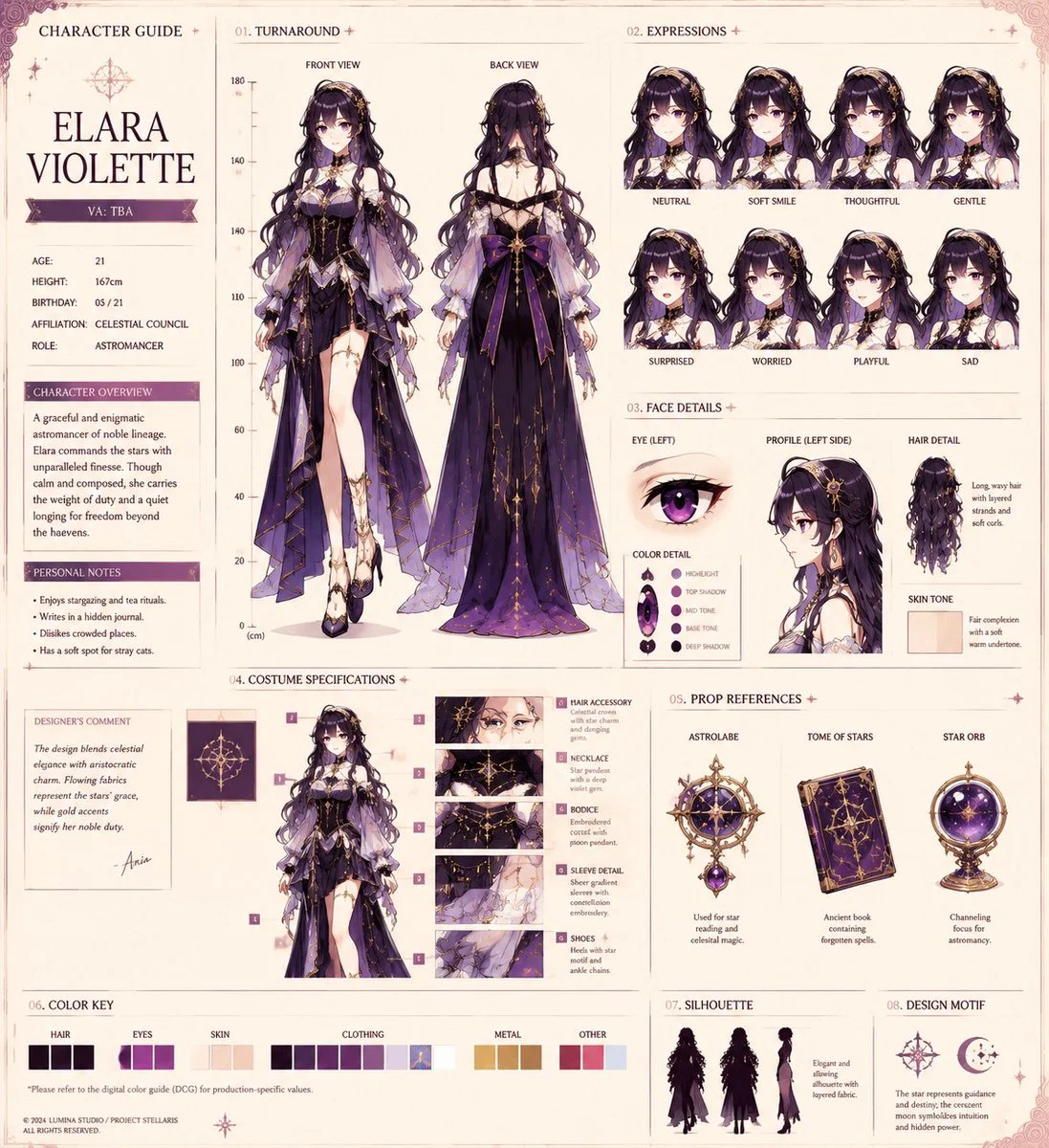Elegant anime girl with rose gold outfit and detailed accessories